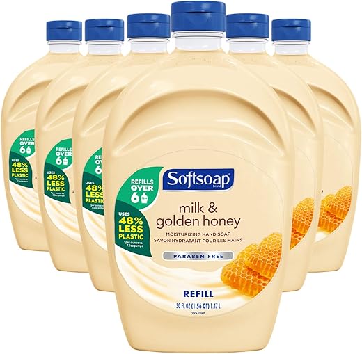 Recarga de Sabonete Líquido Softsoap, Leite e Mel Dourado, Sabonete para as Mãos no Banheiro em Quantidade, Sabonete Líquido Perfumado Premium, 300 ml no Total (50 ml por Frasco, Caixa com 6 Frascos)