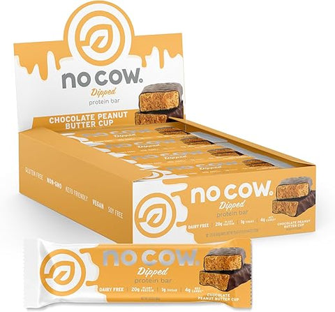Barras de Alta Proteína, Chocolate Peanut Butter Cup – Lanches Saudáveis, 20g Proteína Vegana, Alto Teor de Fibra, Baixo Açúcar, Amigável ao Keto, Sem Laticínios - No Cow