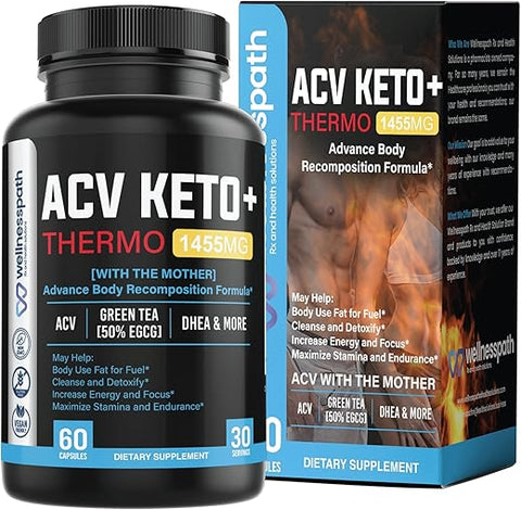 WELLNESSPATH RX & HEALTH SOLUTIONS - ACV Keto Pills – Mothers Apple Cider Vinegar (1455 Mg) para Metabolismo e Apoio à Apetite, THERMO ACV Keto para Perda de Peso e Gordura Abdominal, Adulto Emagrecimento – 1455 Mg, 60 Cápsulas
