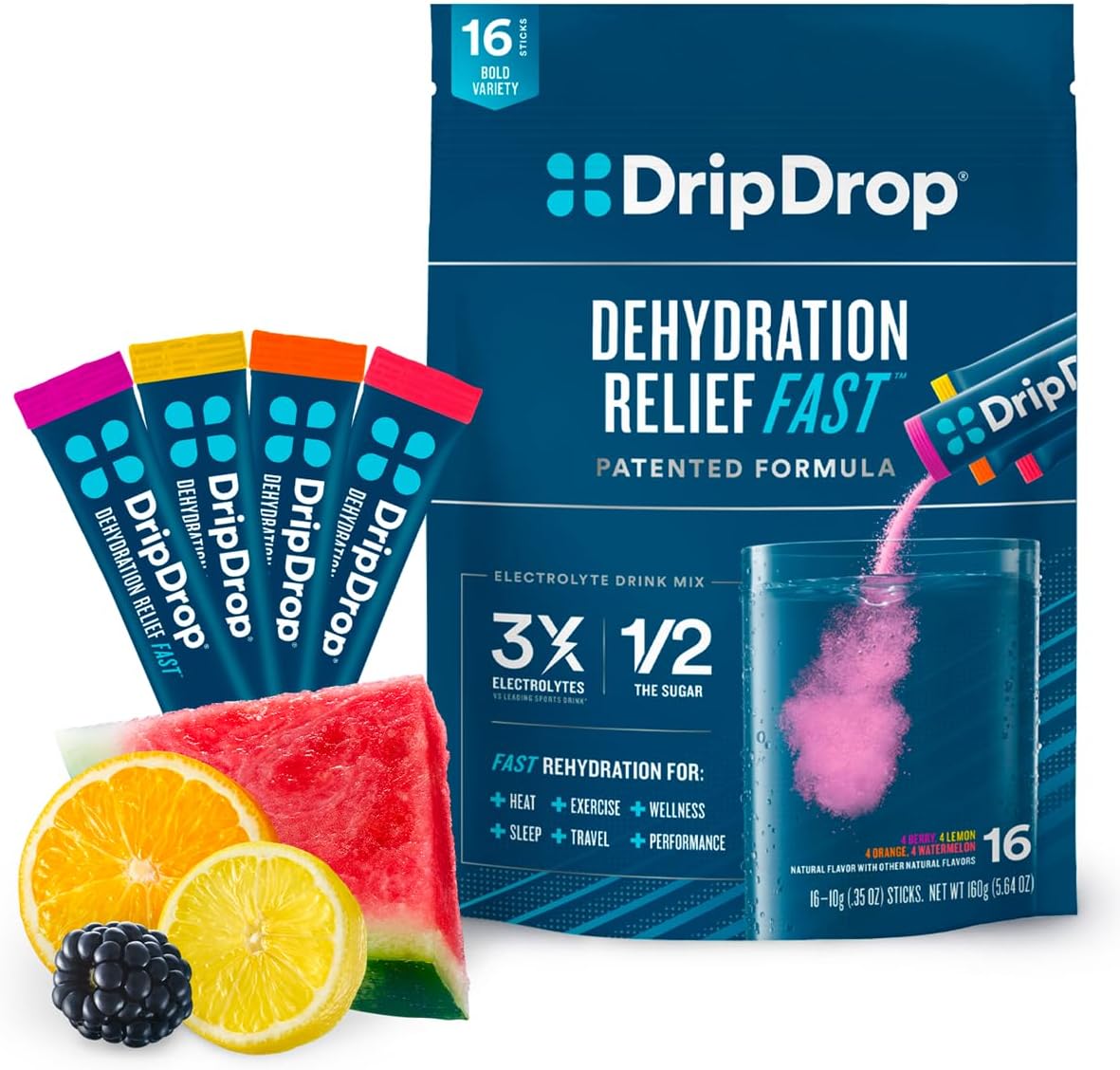 Hydration – Pack Sortido Intenso – Sachês de Pó Hidratante com Eletrólitos – Melancia, Frutas Vermelhas, Limão, Laranja | Sem Transgênicos, Sem Glúten, Vegano | 16 Sticks - DripDrop