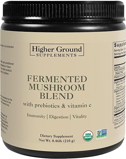 Higher Ground Supplements - Blend de Cogumelos Fermentados | 6 Cogumelos Premium | Prebióticos, Fibras e Vitamina C para Imunidade | Não-OGM | Sem Glúten | 210g