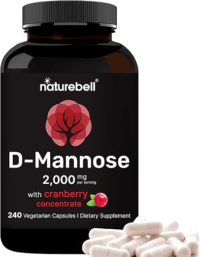 D-Mannose 500mg Cápsulas (2000mg Por Porção) | 240 Cápsulas Vegetais Extrato de Cranberry 400mg, Ação Rápida para Saúde do Trato Urinário, Suporte UTI Completo para Mulheres - NatureBell