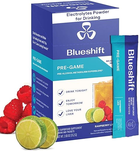 Pre-Game – Suplemento NAC para Pré-Beber, Sachês de Pó de Eletrólitos, Sachês de Hidratação, Suporte Hepático Pré-Álcool com Gengibre, Cisteína, Cardo de Leite, Pó Sem Açúcar - Blueshift