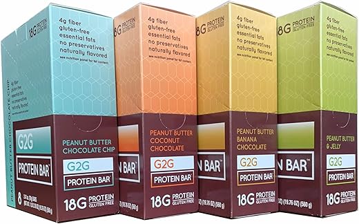 Barra de Proteína G2G, Amantes de Pasta de Amendoim, 4 Pacotes, 1 Caixa de cada: PB Choc Chip, PB Coco, PB Banana, PB