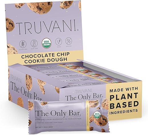 Barra de Lanche Vegana | Massa de Biscoito com Gotas de Chocolate | Pack com 12 Unidades | 5g de Proteína | Orgânica e Vegana | Única Barra | Livre de Laticínios, Soja e Glúten | Embalagem Individual - Truvani
