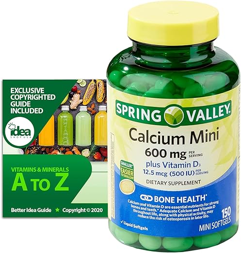 Idea Shop USA - Spring Valley Cálcio 600mg + Vitamina D3, 150 Mini Softgels (1 Pacote) Cápsulas de Carbonato de Cálcio Pequenas com Vitaminas Exclusivas