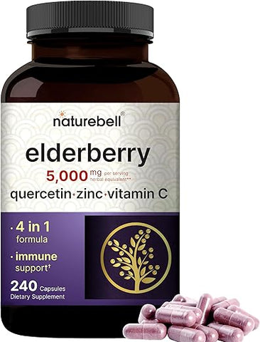 Cápsulas de Sabugueiro Sambucus, 5000mg por Porção com Quercetina 500mg, Vitamina C e Zinco, 240 Unidades | Extrato de Frutas de Sabugueiro Preto Europeu – Suporte Imunológico 4 em 1 - NatureBell