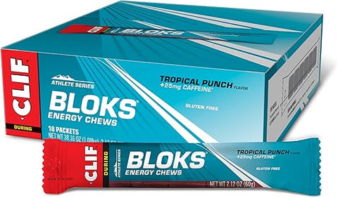 Clif Bloks - CLIF BLOKS – Sabor Tropical Punch com Cafeína – Gomas Energéticas – Não-OGM – Baseado em Plantas – Combustível Rápido para Ciclismo e Corrida – Carboidratos e Eletrólitos Rápidos – 60g (18 unidades)
