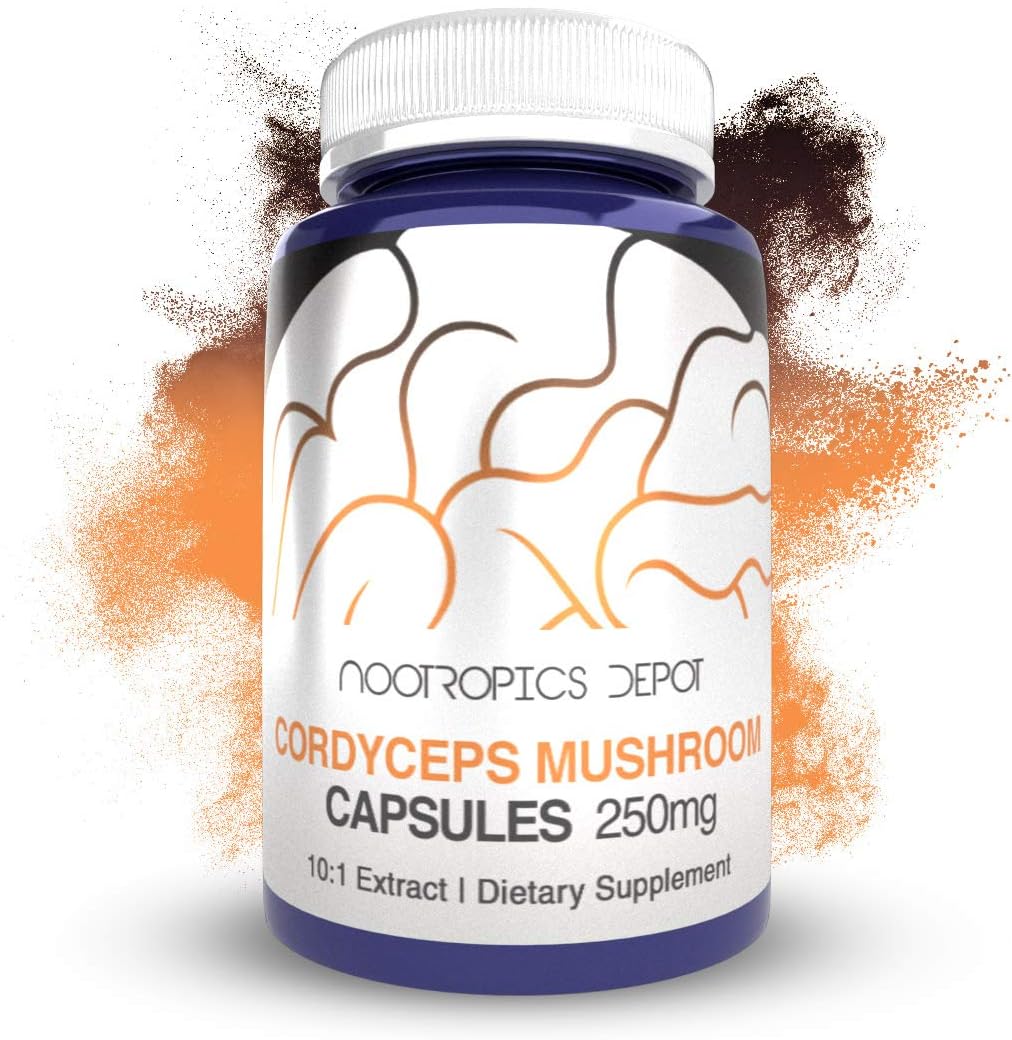 Cápsulas de Cordyceps Mushroom Nootropics Depot | Extrato 10:1 do Corpo Frutífero Inteiro | 250mg | 60 Unidades | Cordyceps militaris