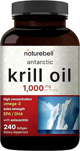 Óleo de Krill Antártico 1000mg, 240 Softgels, Fonte Natural de Ômega-3, EPA, DHA e Astaxantina – Sem Sabor Residual – Suporte à Saúde Cardíaca, Livre de Mercúrio - NatureBell