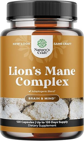 Natures Craft - Suplemento Avançado de Cogumelo do Leão – Cápsulas de Suplemento de Cogumelo do Leão com Complexo de 5X Corpo Frutífero de Cogumelo com Chaga Maitake Shiitake e Reishi – Impulsionador Cerebral Nootrópico