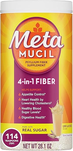 Pó de Casca de Psyllium com Açúcar Real, 4-em-1 para Saúde Digestiva, Bebida Sabor Laranja Suave, 114 Porções - Metamucil