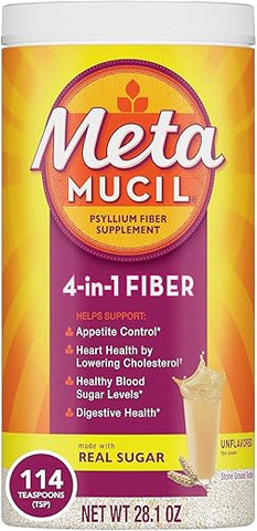 Pó de Casca de Psyllium com Açúcar Real, 4-em-1 para Saúde Digestiva, Bebida Sabor Laranja Suave, 114 Porções - Metamucil