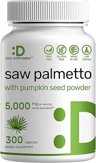 DEAL SUPPLEMENT - Saw Palmetto 5000mg com Semente de Abóbora, 300 Cápsulas | Saúde da Próstata | Bloqueador de DHT | Vitaminas para o Crescimento Capilar, Manutenção da Frequência Urinária Normal