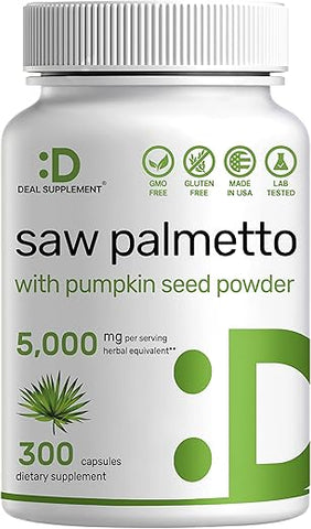 DEAL SUPPLEMENT - Saw Palmetto 5000mg com Semente de Abóbora, 300 Cápsulas | Saúde da Próstata | Bloqueador de DHT | Vitaminas para o Crescimento Capilar, Manutenção da Frequência Urinária Normal