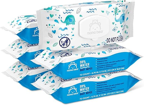 Amazon Brand – Mama Bear Lenços Umedecidos à Base de Água 99%%, Hipoalergênicos para Pele Sensível, Sem Fragrância, 432 Unidades (6 Pacotes de 72)