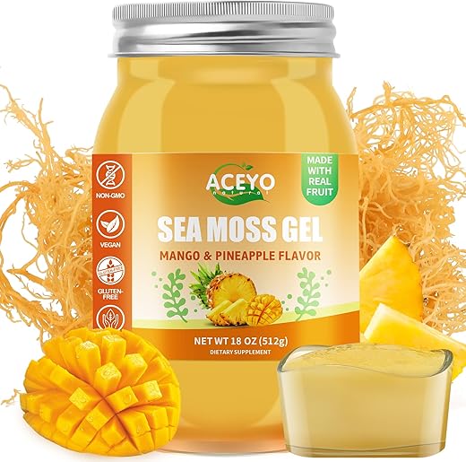 ACEYO - Gel de Musgo do Mar Irlandês Orgânico Cru Vegano Sabor Manga Abacaxi 18 oz (510 g) 102 Vitaminas e Minerais Colhido na Natureza Reforço Imunológico para a Tireoide e Suporte Digestivo