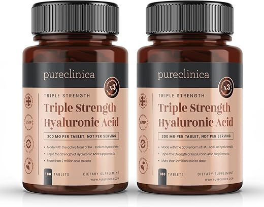 pureclinica - Hyaluronic Acid 300mg x 360 Tablets – 2 Frascos de 180 – Fornecimento de 12 Meses. Ácido Hialurônico Triplo Forte. 300%% Mais Forte do que Qualquer Outro Comprimido de AH