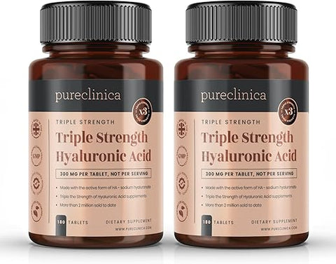 pureclinica - Hyaluronic Acid 300mg x 360 Tablets – 2 Frascos de 180 – Fornecimento de 12 Meses. Ácido Hialurônico Triplo Forte. 300%% Mais Forte do que Qualquer Outro Comprimido de AH