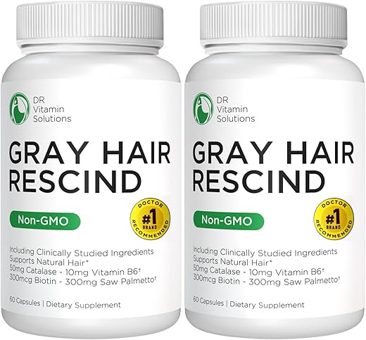 DR VITAMIN SOLUTIONS - Resgatador de Cabelos Grisalhos com Catalase – Vitaminas Anti-Envelhecimento para Cabelos, Pele e Unhas, Ácido Pantotênico, Ácido Fólico 400mcg, Biotina 300mcg, Saw Palmetto para Homens e Mulheres, 2-Pack