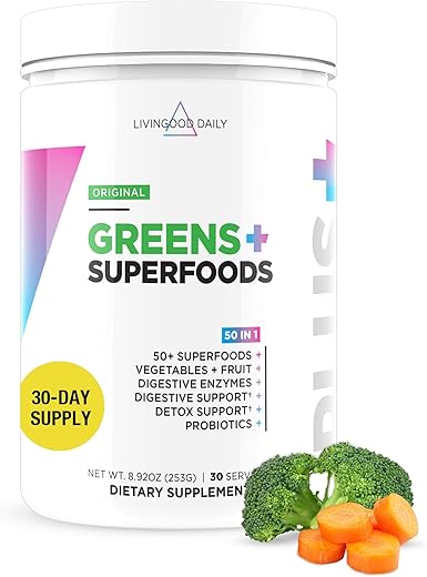 Greens Superfood Powder (Original) – Pó de Super Alimentos para Saúde Intestinal – Suplemento em Pó de Suco Verde com Spirulina, Chlorella, Enzimas – 100g - Livingood Daily
