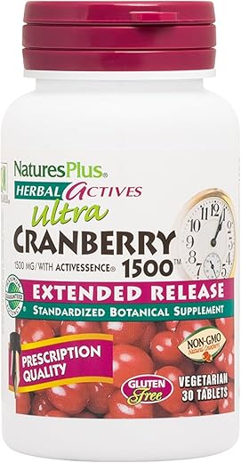 Herbal Actives Ultra Cranberry – Liberação Prolongada 1500 mg, 30 Comprimidos Vegetarianos – Qualidade de Prescrição, Promove Saúde do Trato Urinário – Livre de Glúten - Natures Plus