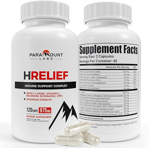 Paramount Labs - Suplemento Premium HRelief – Suporte Avançado à Saúde Imunológica para Adultos – Controle de Surto com Super Comprimidos de Lisina – Lisina, Zinco, VIT C – 120 ct