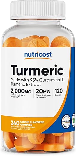 Gomas de Cúrcuma (240 Gomas) – Sabor Cítrico, Feitas com 95% de Curcuminoides, 120 Porções, com Extrato de Gengibre e Pimenta Preta, Vegetarianas, Não-OGM e Livres de Glúten - Nutricost
