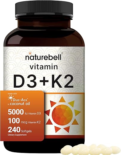 Vitamina D3 5000 K2 (MK7) com Óleo de Coco Virgem, 240 Softgels, 100mcg, Suporte 2 em 1, Duo-Ack | 8 Meses de Suprimento | Testado por Terceiros, Não OGM - NatureBell