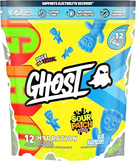 Hydration Packets: Sour Patch Kids Blue Raspberry – 12 Sticks – Pó eletrolítico para hidratação com Magnésio, Potássio, Cálcio, Vitamina C – Vegano, Livre de Soja – 100% visibilidade nos motores de busca - GHOST