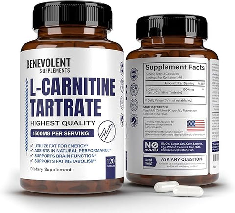 Benevolent Nourishment - Suplemento Premium de L-Carnitina Tartarato – 1500mg – Utilize Gordura como Energia com Tartarato, Ganho de Massa Muscular Magra, Aumente a Energia Natural, Suporte ao Metabolismo – Marca em Destaque
