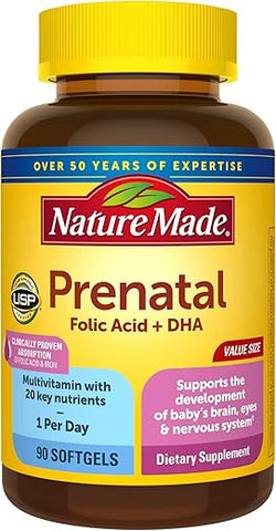 Prenatal com Ácido Fólico DHA, Suplemento Vitamínico e Mineral Pré-Natal para Suporte Nutricional Diário, 90 Softgels, Suprimento de 90 Dias - Nature Made
