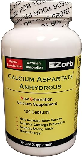 EZorb - Cápsulas de Aspartato de Cálcio Anidro para Saúde Óssea, Articular e Muscular (180 Caps)