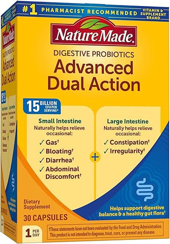 Digestive Probiotics Advanced Dual Action – Probióticos Avançados para Mulheres e Homens, 30 Cápsulas Probióticas, Suprimento de 30 Dias - Nature Made