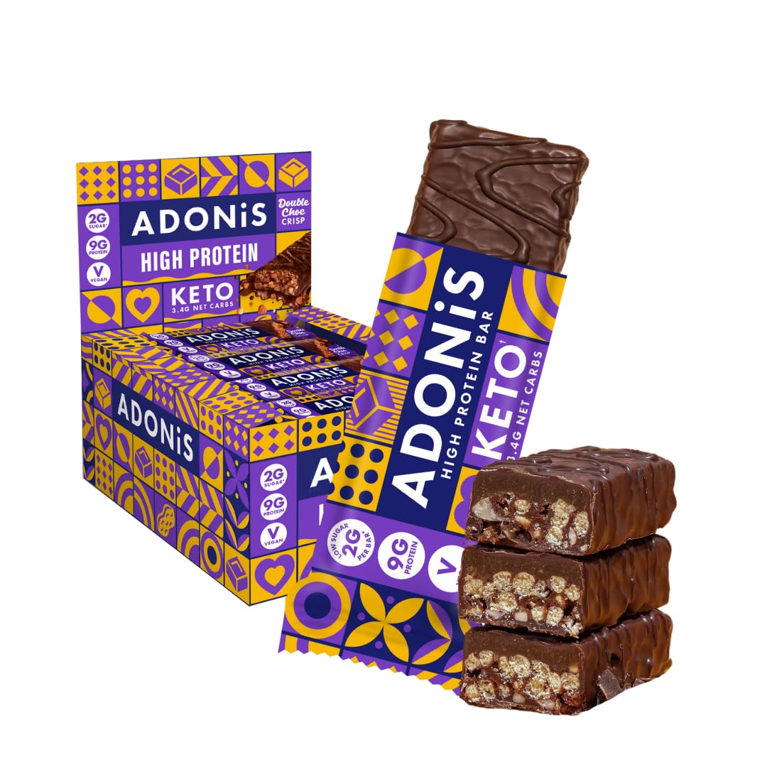 ADONIS - Barra de Proteína Vegana Adonis Keto Double Choc Crisp (16 x 45g) | Alta Proteína | Sabor Duplo Chocolate | Embalagem com 16 Barras