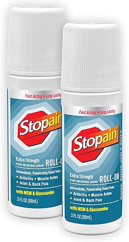 Gel Roll On Alívio da Dor 90ml (2 Unidades) Fabricado nos EUA, Ação Rápida Máxima com MSM, Glucosamina, Mentol para Artrite, Dor nas Costas, Joelho, Pescoço, Aprovado pela HSA FSA Tópico - Stopain