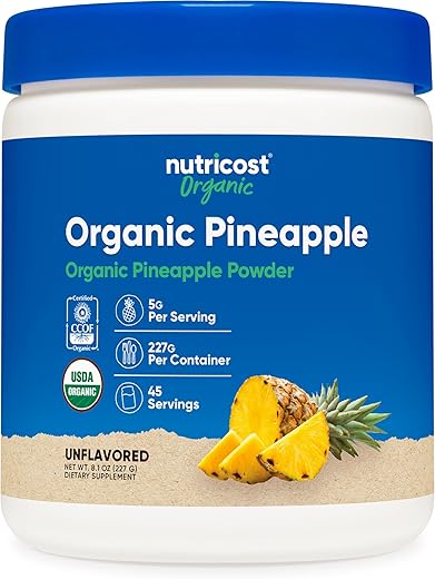 Pó de Abacaxi Orgânico Nutricost (227g) – Certificado Orgânico pelo USDA, Desidratado por Congelamento, Pó de Suco de Abacaxi, Sem Glúten