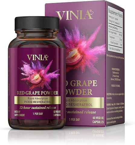 VINIA - Suplemento de Piceid Resveratrol de Liberação Sustentada por 12 Horas. Suplemento de Óxido Nítrico. Suporta a Saúde do Coração, Fluxo Sanguíneo, Pó Superfood para Aumentar Oxigênio, Amigável ao Keto. Vegano