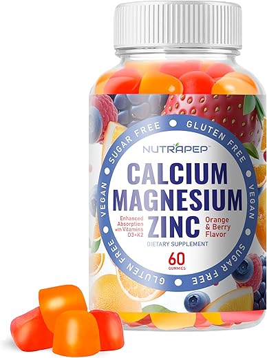 NutraPep - Gomas de Suplemento de Cálcio Magnésio Zinco – com Vitamina D3 K2 Magnésio Glicinato – Sabor Laranja e Frutas Vermelhas Veganas Sem Açúcar e Sem Glúten para Homens Mulheres Crianças