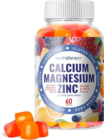 NutraPep - Gomas de Suplemento de Cálcio Magnésio Zinco – com Vitamina D3 K2 Magnésio Glicinato – Sabor Laranja e Frutas Vermelhas Veganas Sem Açúcar e Sem Glúten para Homens Mulheres Crianças