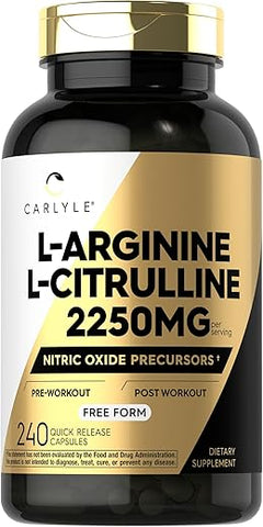 Complexo de L-Arginina e L-Citrulina | 2250mg | 240 Cápsulas | Precursores de Óxido Nítrico | Forma Livre | Não-OGM - Carlyle