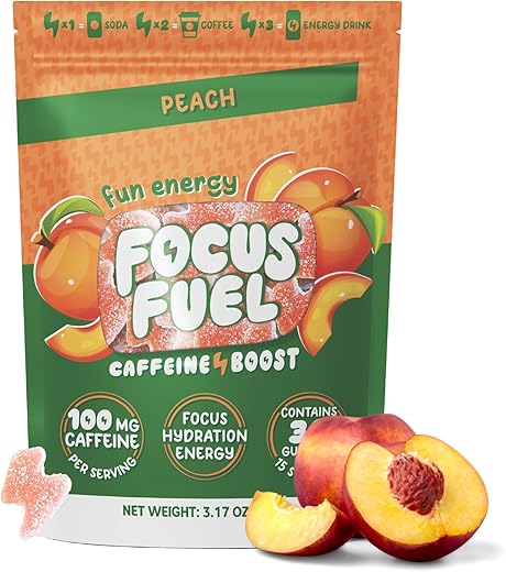 FocusFuel - Gomas Energéticas Focus – 100mg de Cafeína por 2 Gomas, Com B12, Magnésio, Eletrólitos, Ingredientes Naturais (Pêssego – 30 Gomas, 90g)