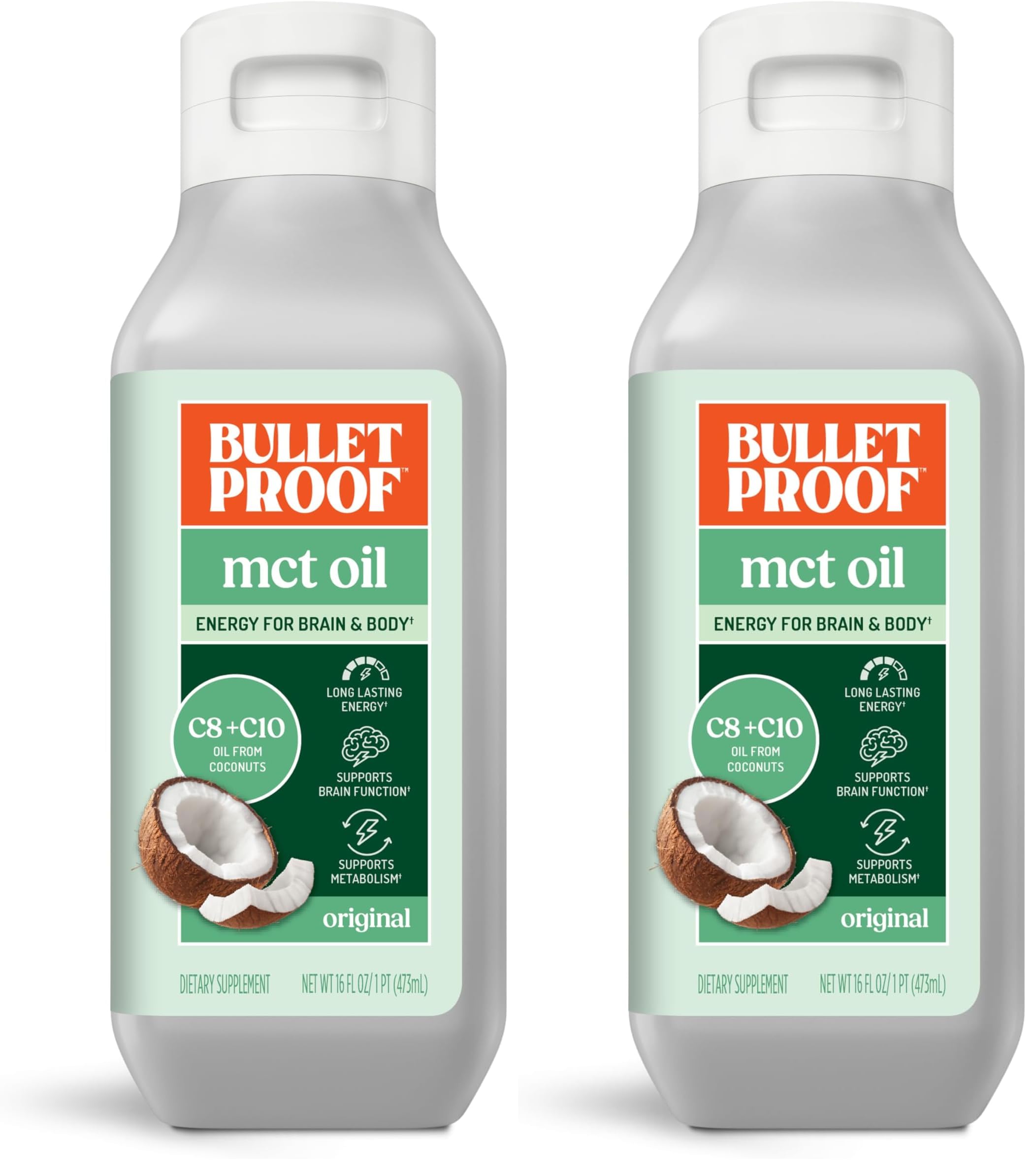 Bulletproof C8 & C10 MCT Oil, 100% Pure Coconut Oil, Triple-Distilled for Sustained Keto Energy, Unflavored, No Additives or Fillers, Non-GMO, 16 oz