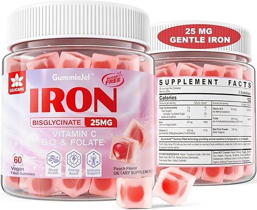 LILICARE - Suplemento Vegano de Gomas de Ferro para Mulheres com Vitamina C 100mg, Beterraba, Vitamina B12, Folate para Deficiência de Ferro, Anemia, Aumento de Energia, Ferro Suave sem Açúcar, Não Causa Constipação