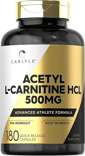 Acetyl L-Carnitine HCL | 500mg | 180 Cápsulas | Suplemento Livre de Transgênicos e Glúten - Carlyle