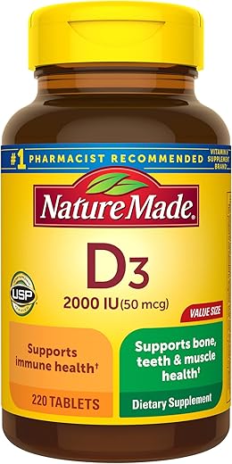 Vitamina D3 2000 UI (50 mcg), Suplemento para Saúde Óssea, Dental, Muscular e Imunológica, 220 Comprimidos, Fornecimento de 220 Dias - Nature Made