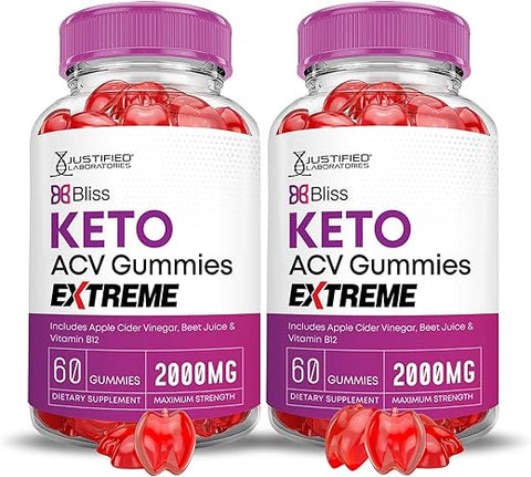 Justified Laboratories - (2 Pacotes) Bliss Keto ACV Gummies Extreme 2000MG – Gomas Bliss Keto de Vinagre de Maçã Formuladas com Suco de Romã em Pó e Vitamina B12 – Veganas, Não Transgênicas – 120 Gomas