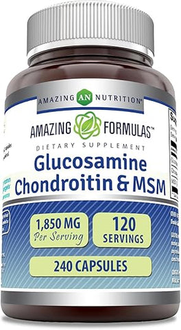 Amazing Nutrition - Amazing Formulas Glucosamina Condroitina MSM – 240 Cápsulas (Non-GMO) – Suporta Articulações Saudáveis, Cartilagem e Tecido Conjuntivo – Promove Conforto Articular