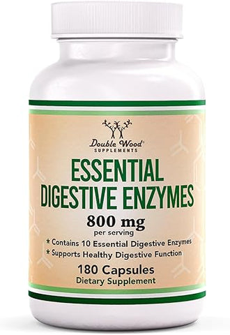 Double Wood Supplements - Enzimas Digestivas – Mistura de 800mg com os 10 Enzimas Digestivas e Pancreáticas Mais Essenciais (Amilase, Lipase, Bromelina, Lactase, Papaína, Protease, Celulase, Maltase, Invertase)