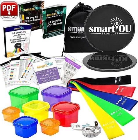 smartYOU Products - Conjunto de Equipamentos 80 Day Obsession – 21 Day Fix Contêineres de Controle de Porções Livres de BPA (7 Peças) Faixas de Resistência (5) Discos Deslizantes para o Core (2) Guia Planejador eBook de Receitas Fita